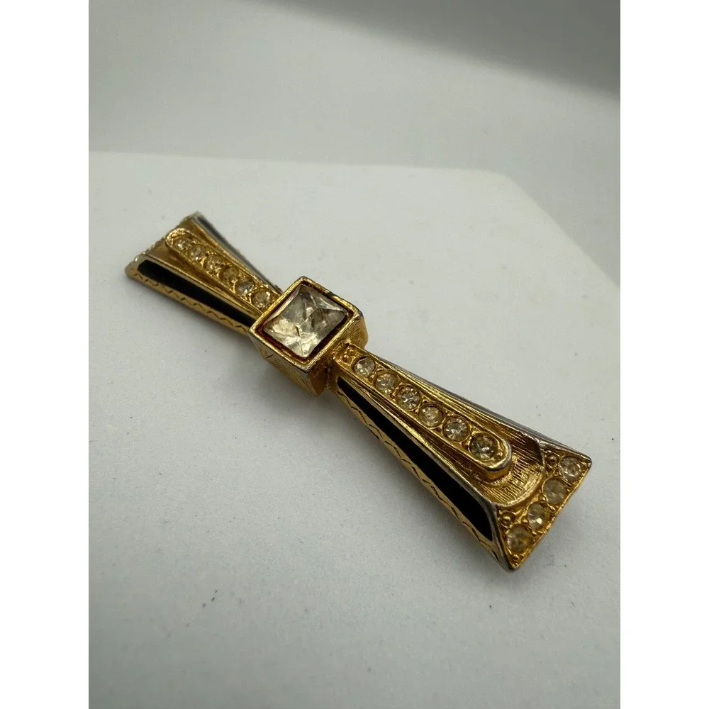 Vintage Gold‎ Tone Art Deco Bow Brooch Black Enamel Crystal Rhinestone Bar Pin